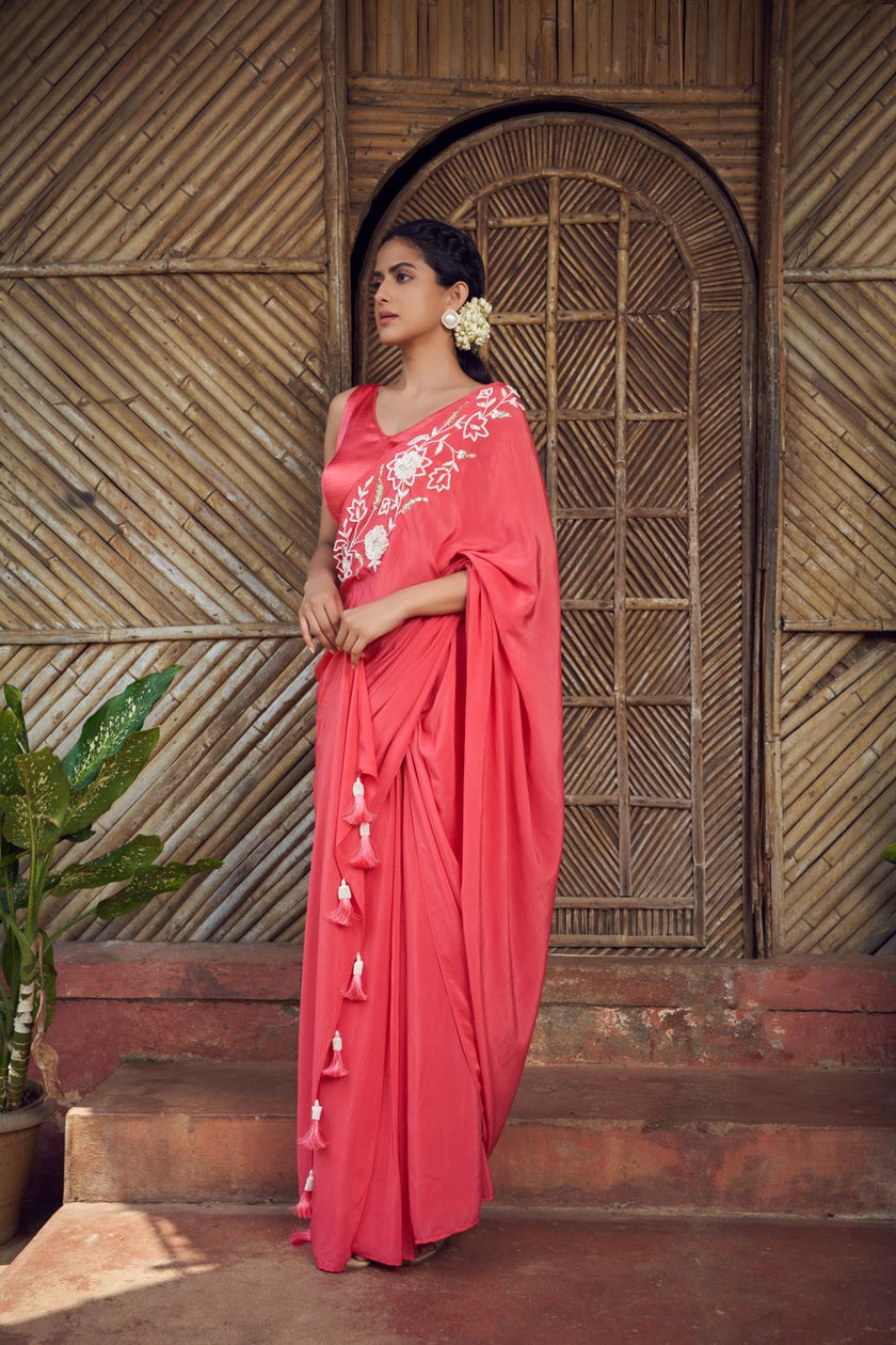 Red Pre-Stitched Hand Embroidered Saree With Blouse