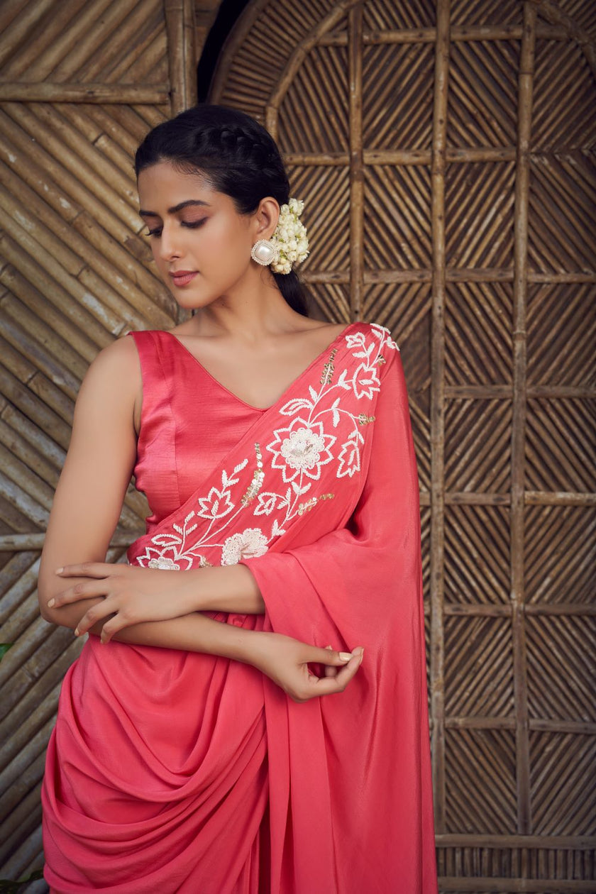 Red Pre-Stitched Hand Embroidered Saree With Blouse