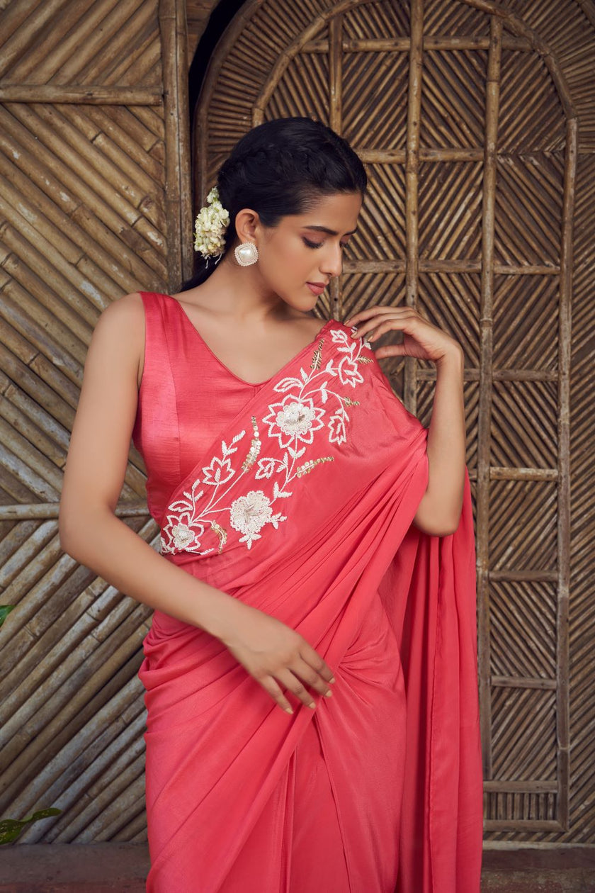 Red Pre-Stitched Hand Embroidered Saree With Blouse