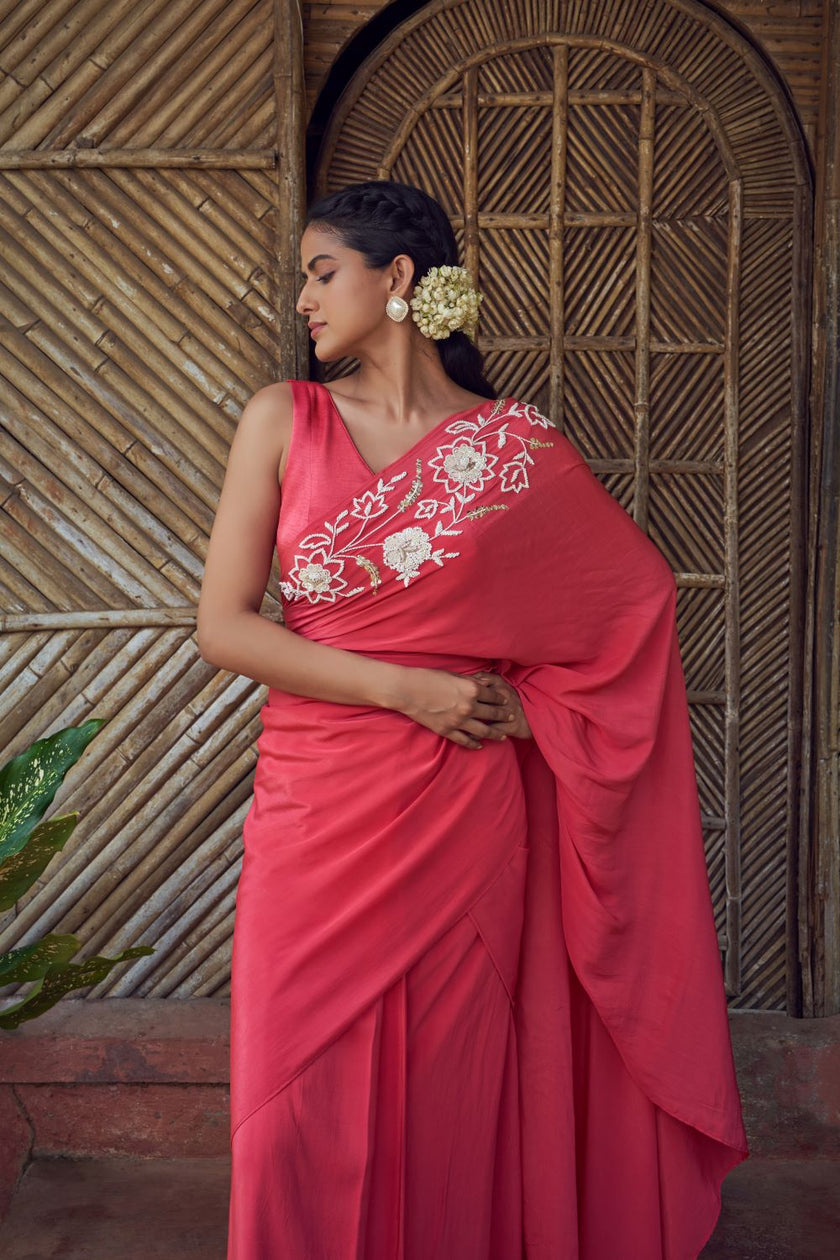 Red Pre-Stitched Hand Embroidered Saree With Blouse