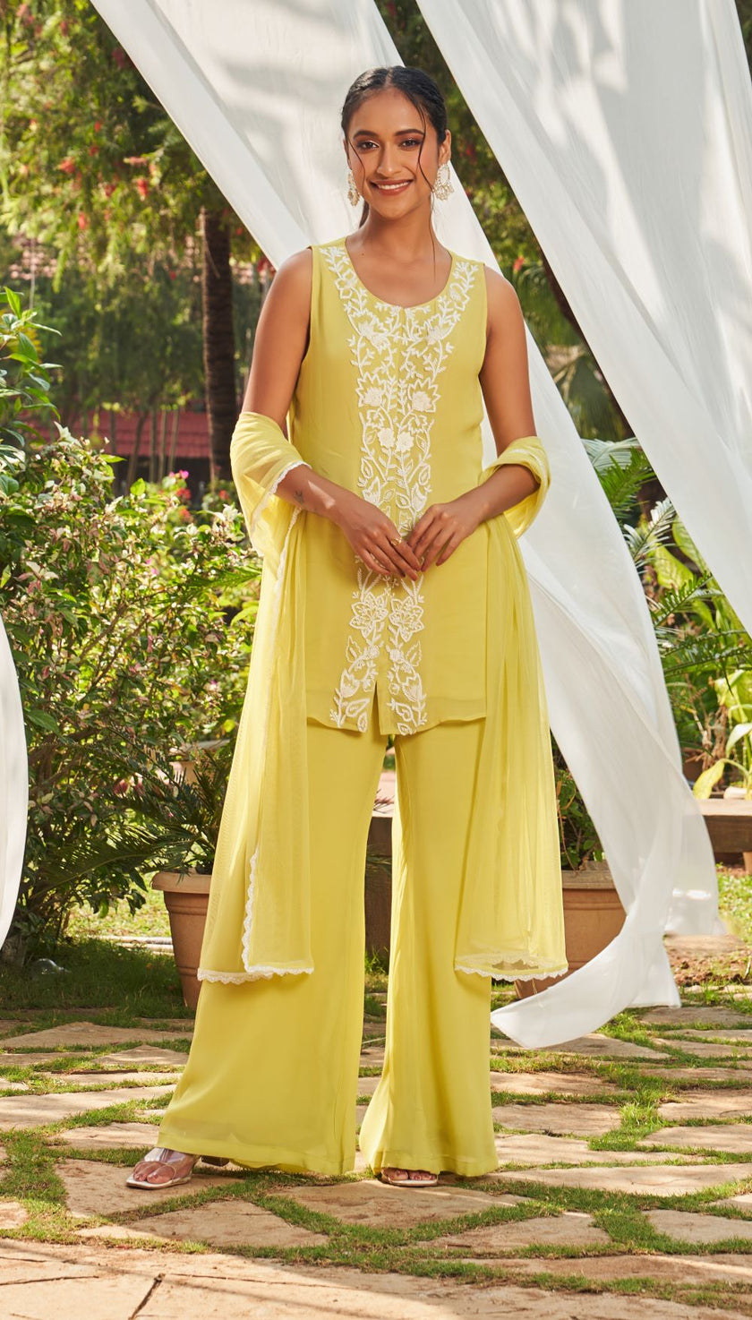 Lime Green hand embroidered Short kurta with Flare pants and Duppatta