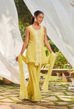 Lime Green hand embroidered Short kurta with Flare pants and Duppatta