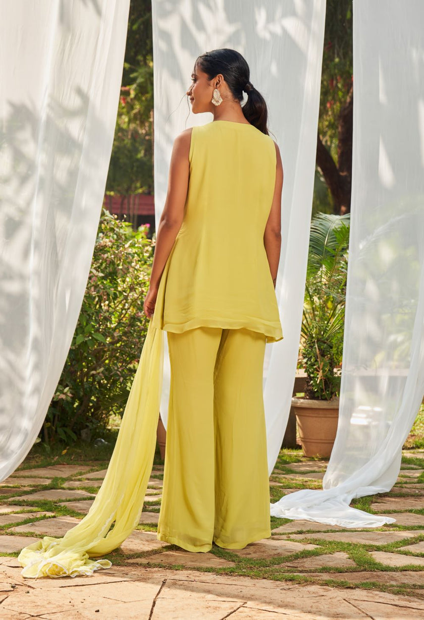 Lime Green hand embroidered Short kurta with Flare pants and Duppatta