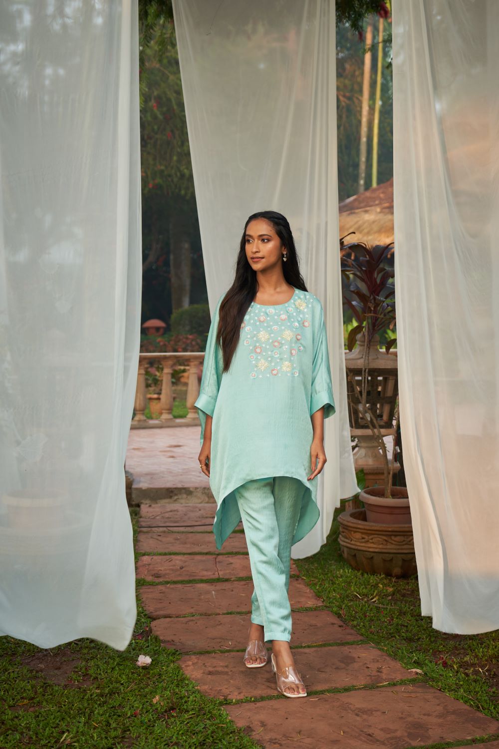 Turquoise Blue hand embroidered Co-ord Set