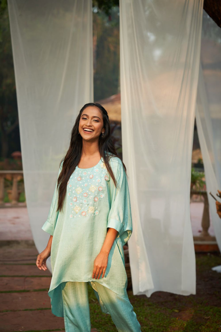 Turquoise Blue hand embroidered Co-ord Set