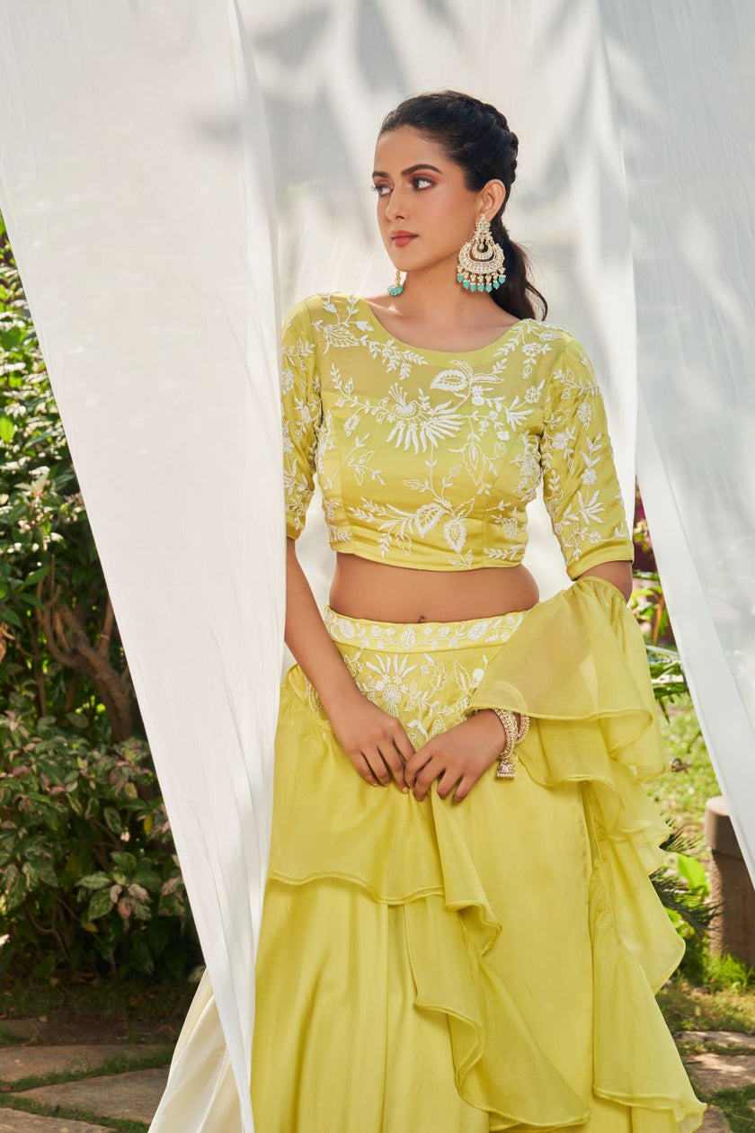 Lime Green hand embroidered Blouse Lehenga Set