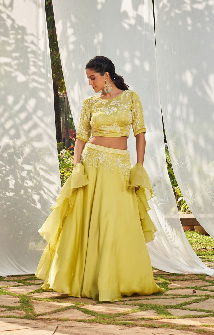 Lime Green hand embroidered Blouse Lehenga Set