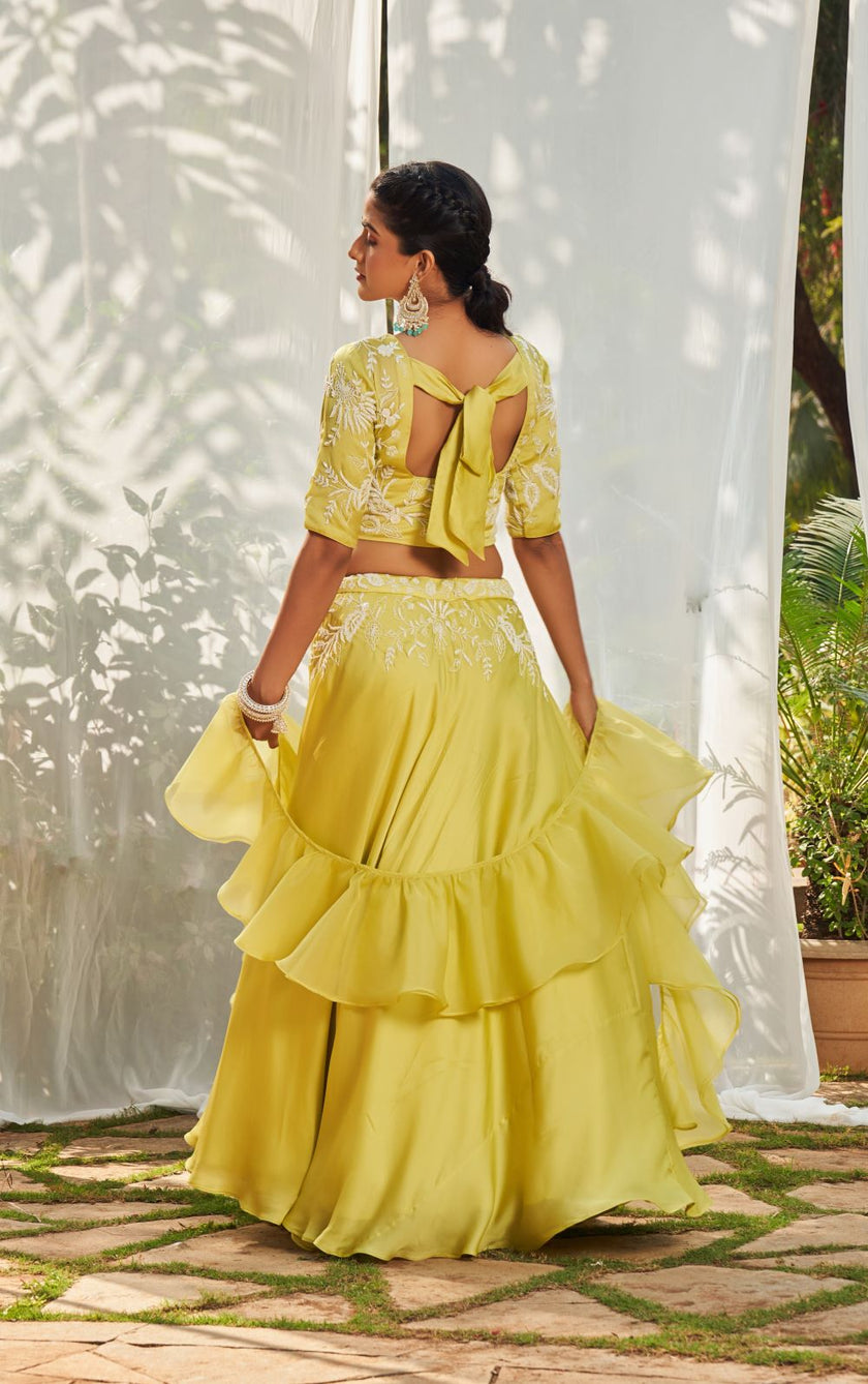 Lime Green hand embroidered Blouse Lehenga Set