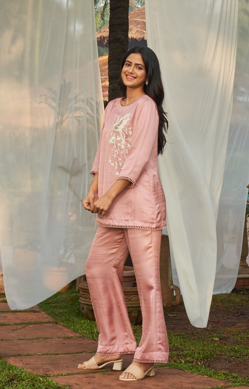 Onion Pink Hand Embroidered Co-ord Set