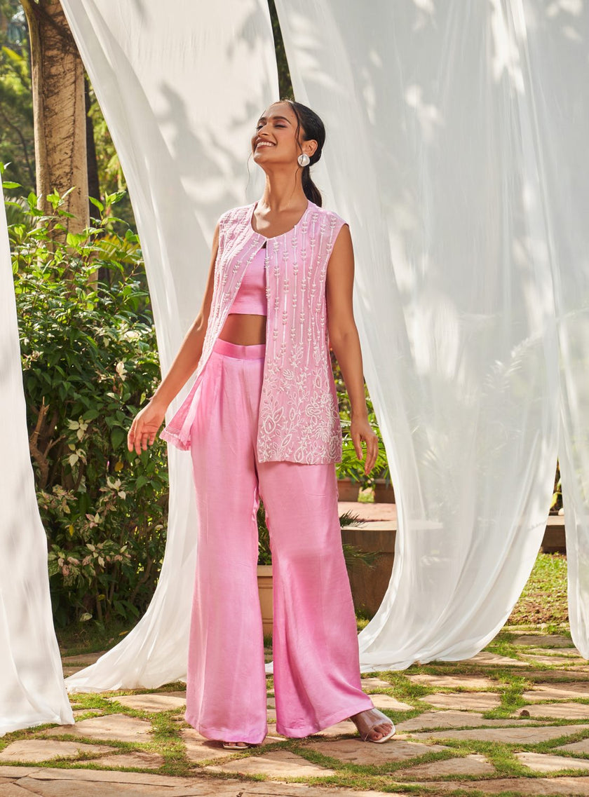 Pink hand embroidered Jacket Set