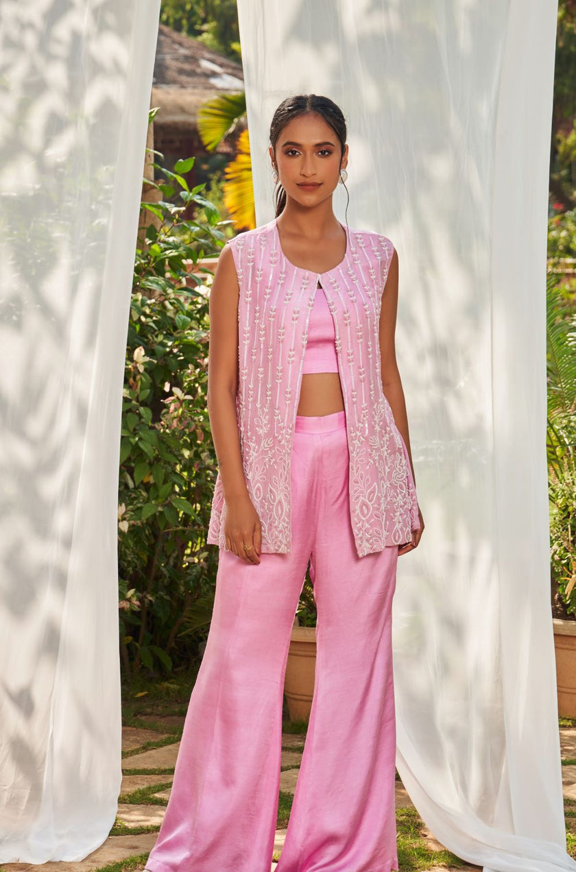 Pink hand embroidered Jacket Set