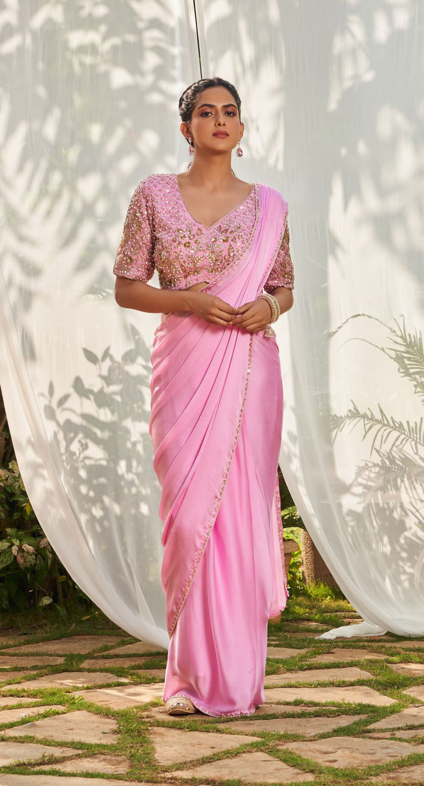 Pink pre-stitched Saree with hand embroidered blouse