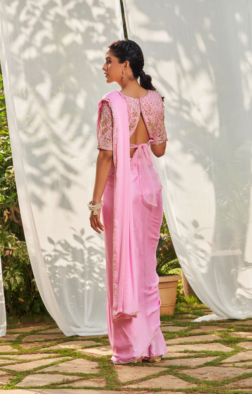 Pink pre-stitched Saree with hand embroidered blouse