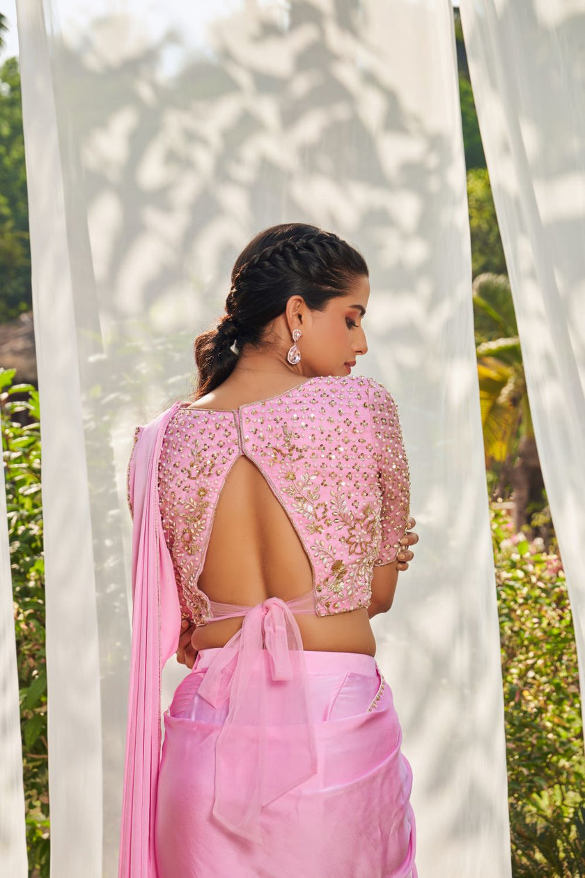 Pink pre-stitched Saree with hand embroidered blouse