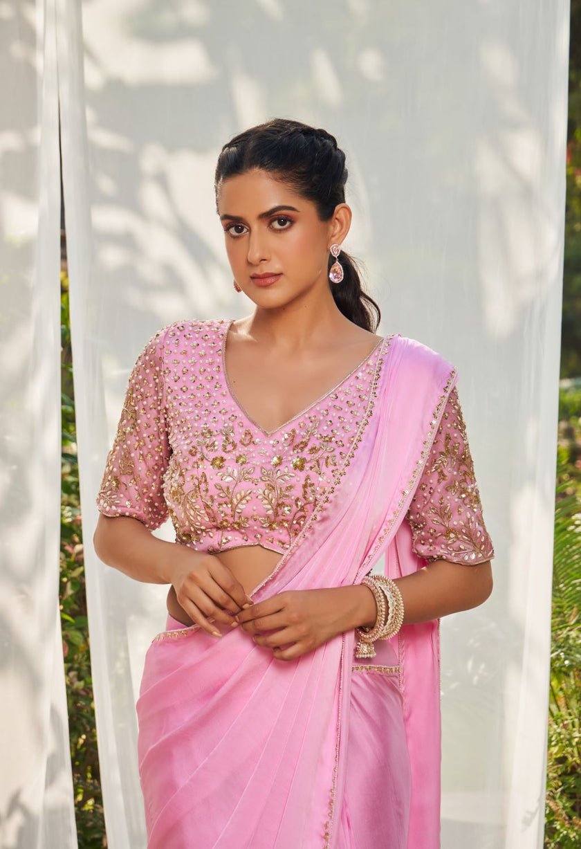 Pink pre-stitched Saree with hand embroidered blouse