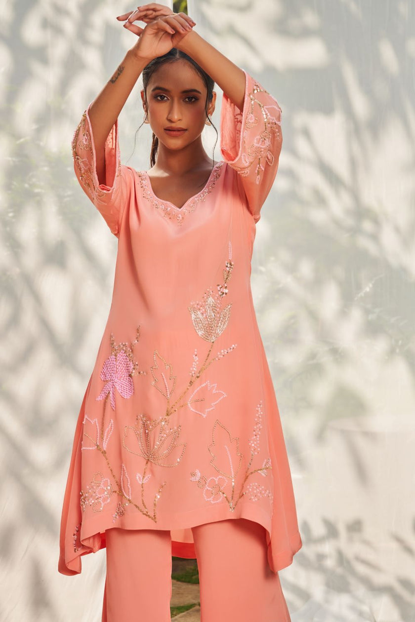 Peach Hand Embroidered Crepe Tunic Set
