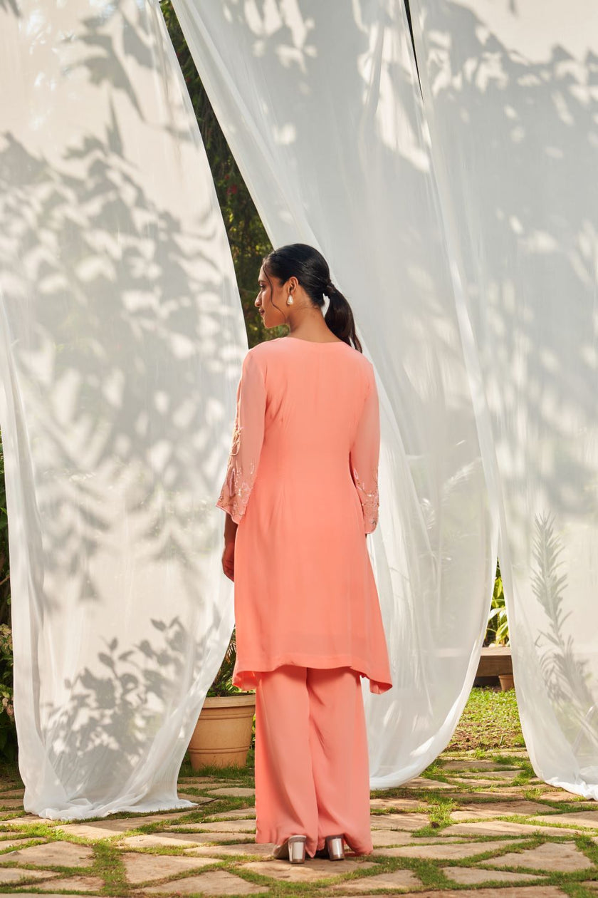 Peach Hand Embroidered Crepe Tunic Set