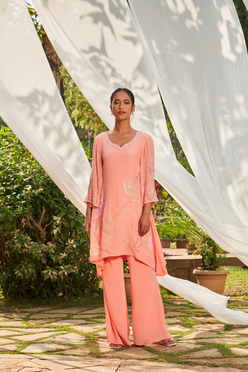 Peach Hand Embroidered Crepe Tunic Set