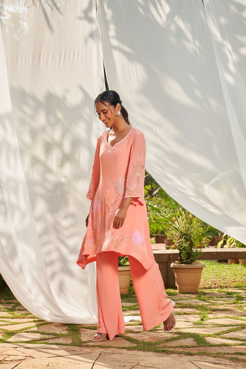 Peach Hand Embroidered Crepe Tunic Set