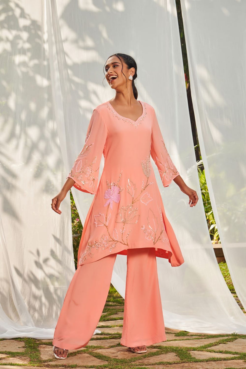 Peach Hand Embroidered Crepe Tunic Set