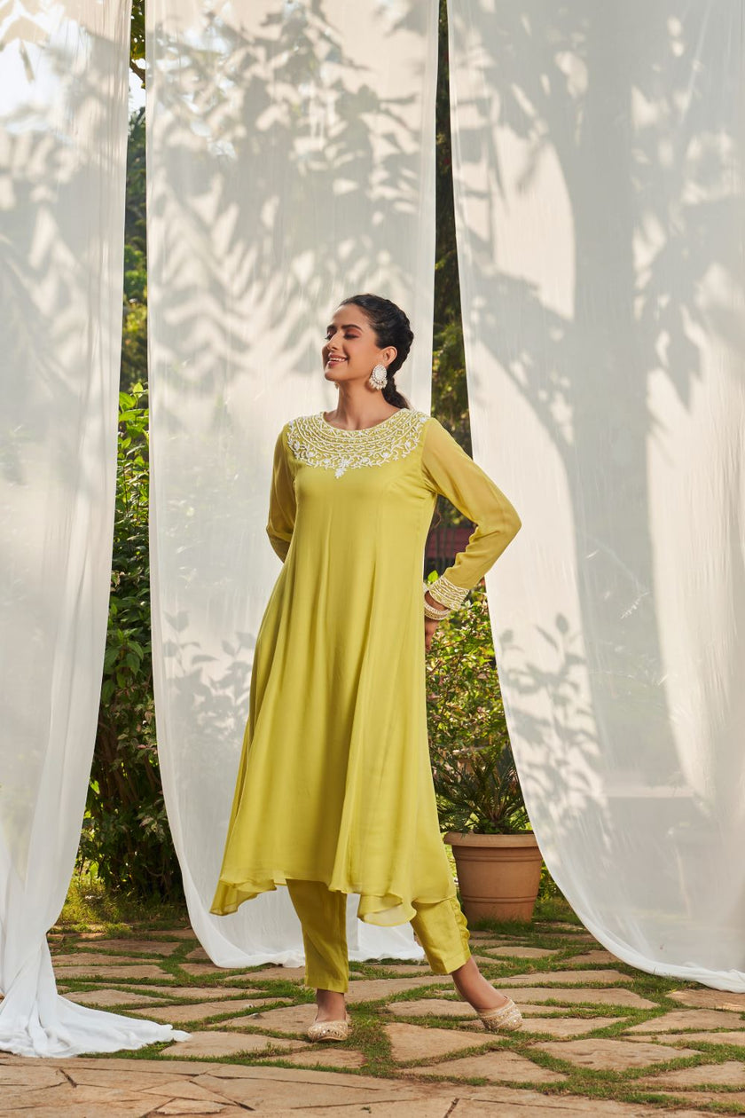 Lime Green Hand Embroidered Kurta Set
