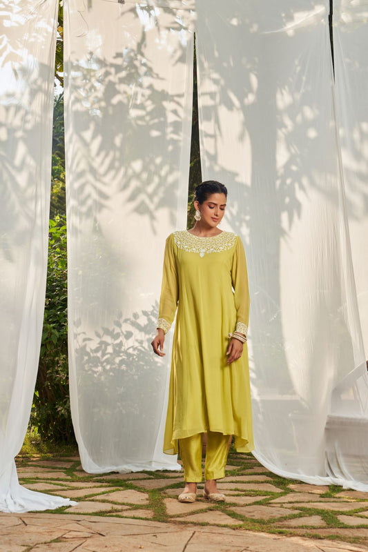 Lime Green Hand Embroidered Kurta Set