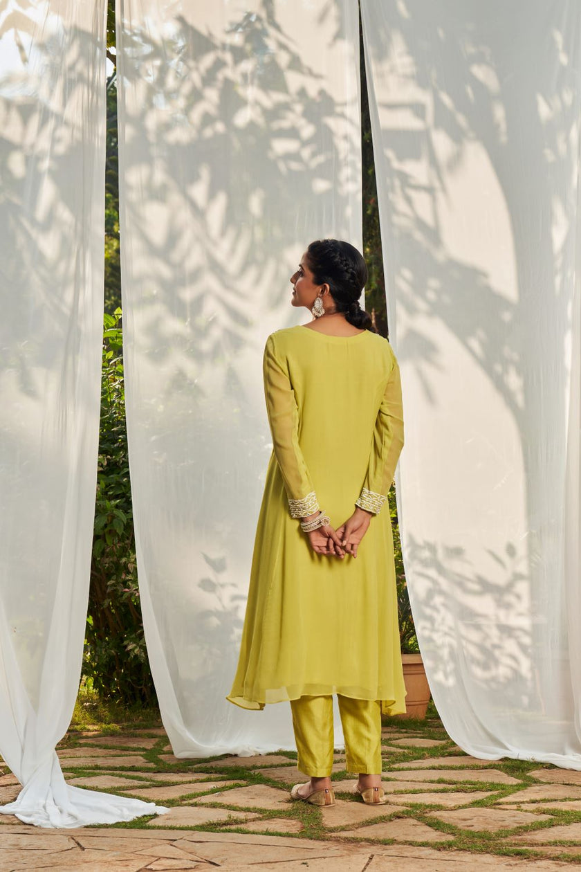 Lime Green Hand Embroidered Kurta Set