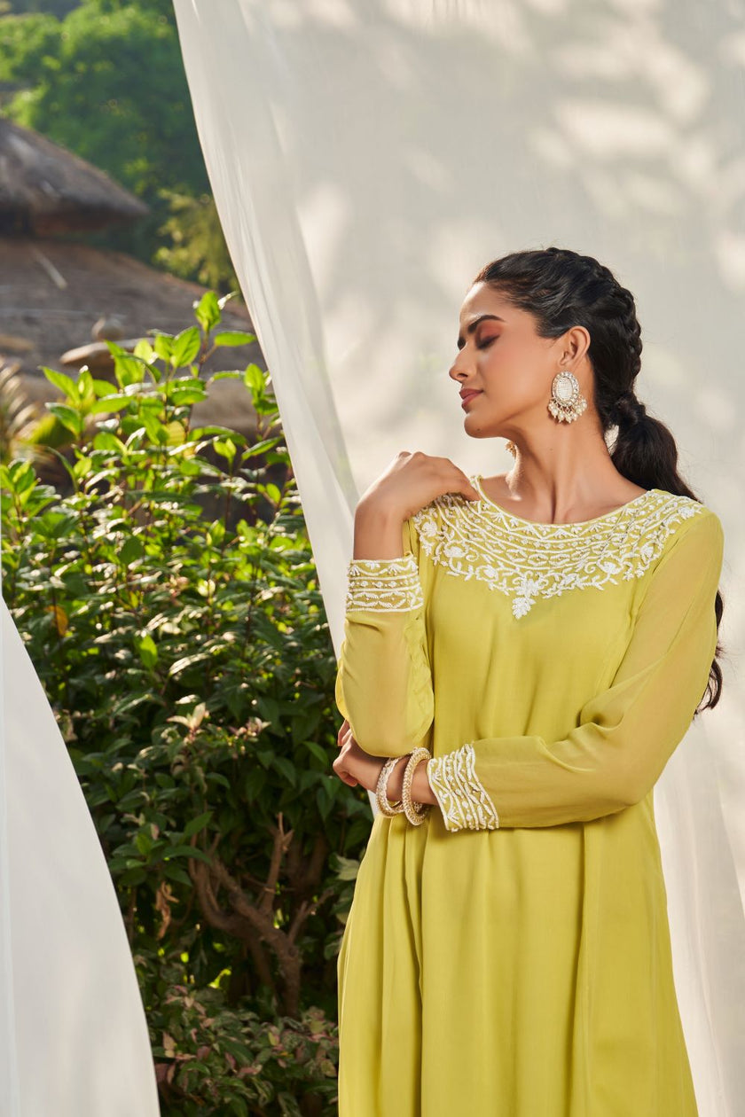 Lime Green Hand Embroidered Kurta Set