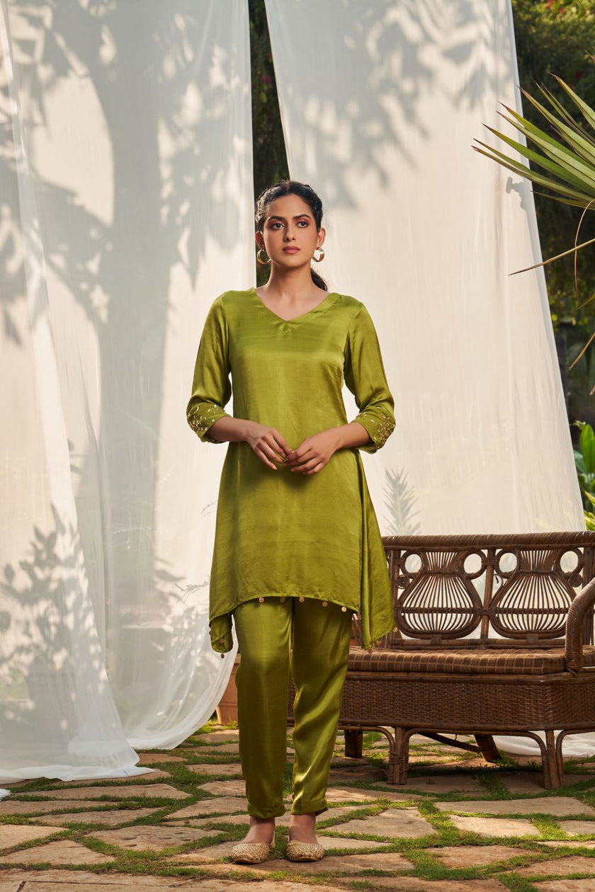 Olive Green Satin Dupion Hand Embroidered Co-ord Set