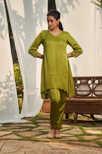 Olive Green Satin Dupion Hand Embroidered Co-ord Set