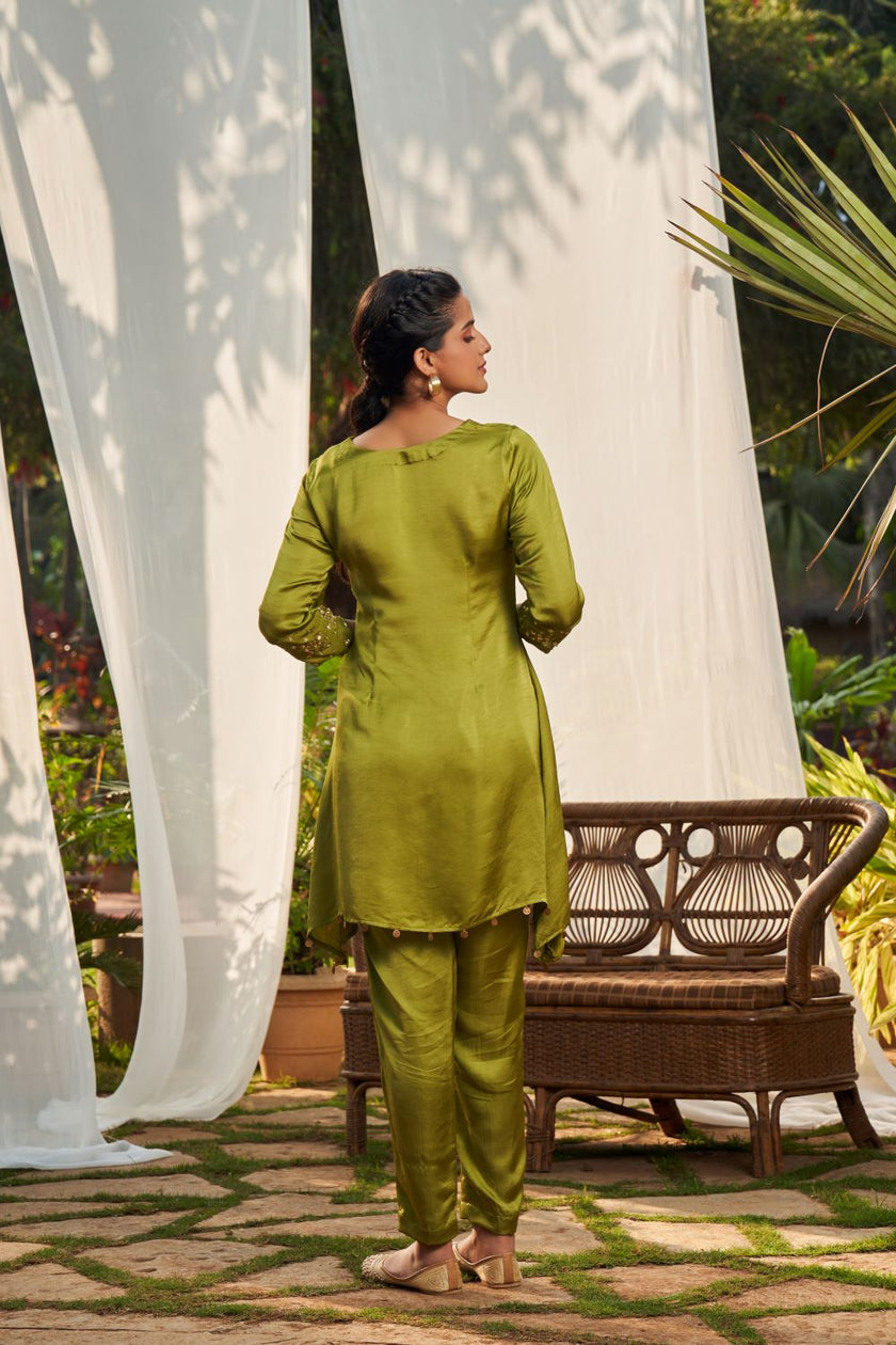 Olive Green Satin Dupion Hand Embroidered Co-ord Set