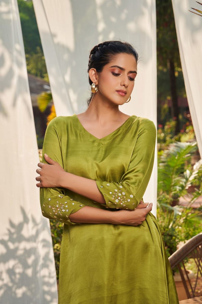 Olive Green Satin Dupion Hand Embroidered Co-ord Set