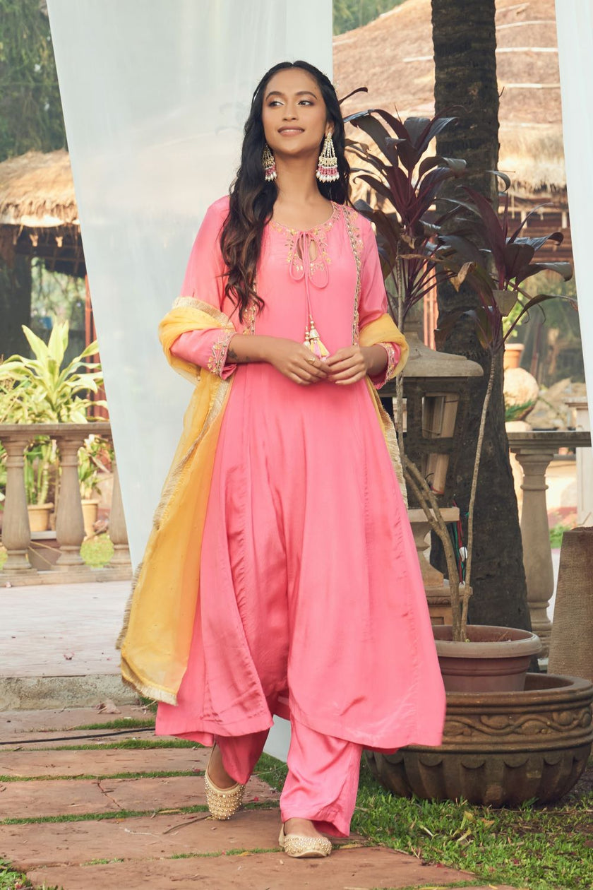 Pink hand embroidered Crepe Anarkali Set