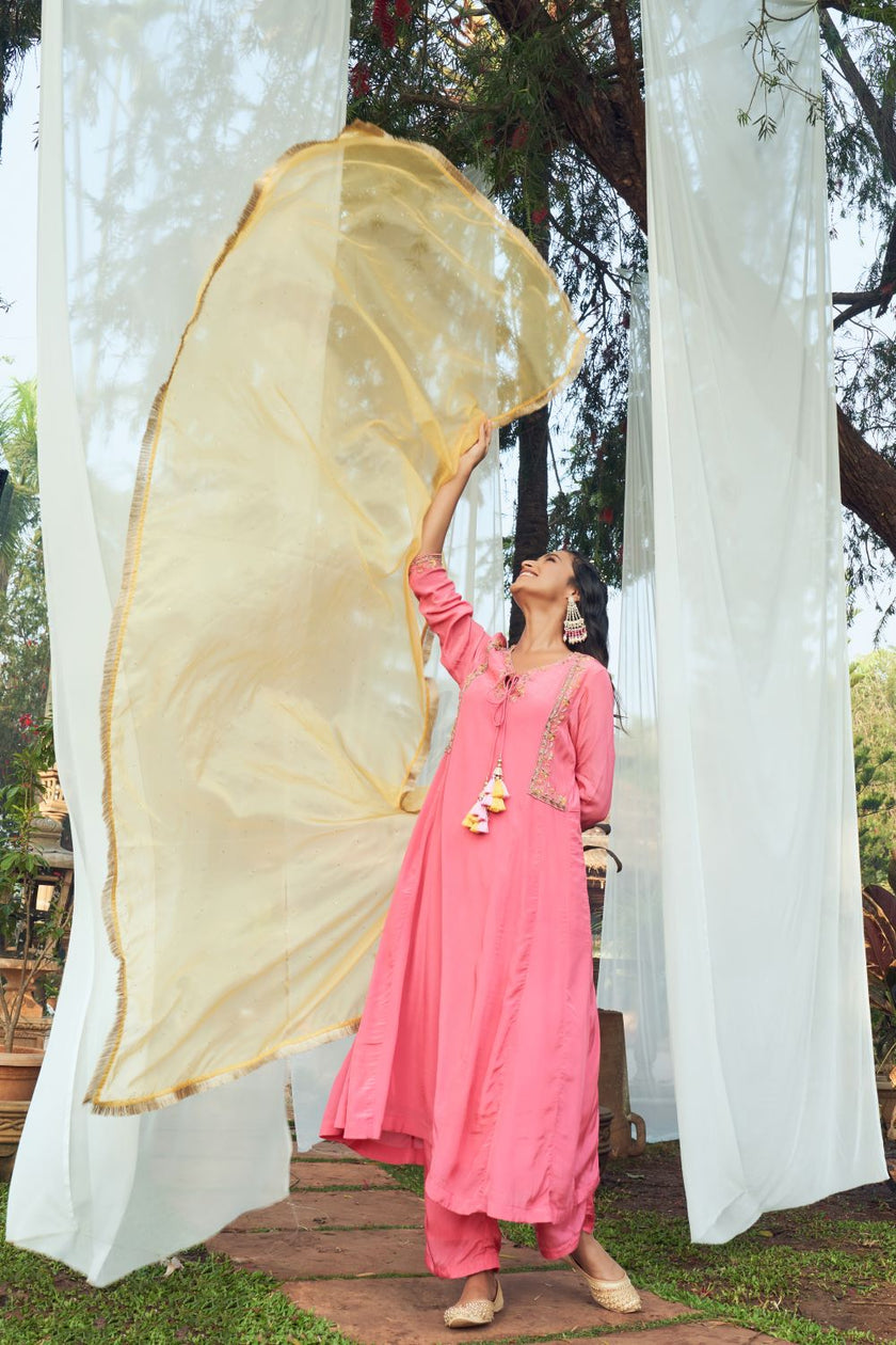 Pink hand embroidered Crepe Anarkali Set
