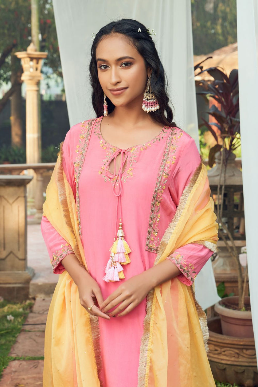 Pink hand embroidered Crepe Anarkali Set
