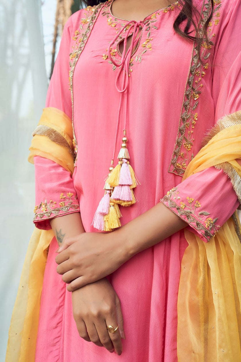 Pink hand embroidered Crepe Anarkali Set