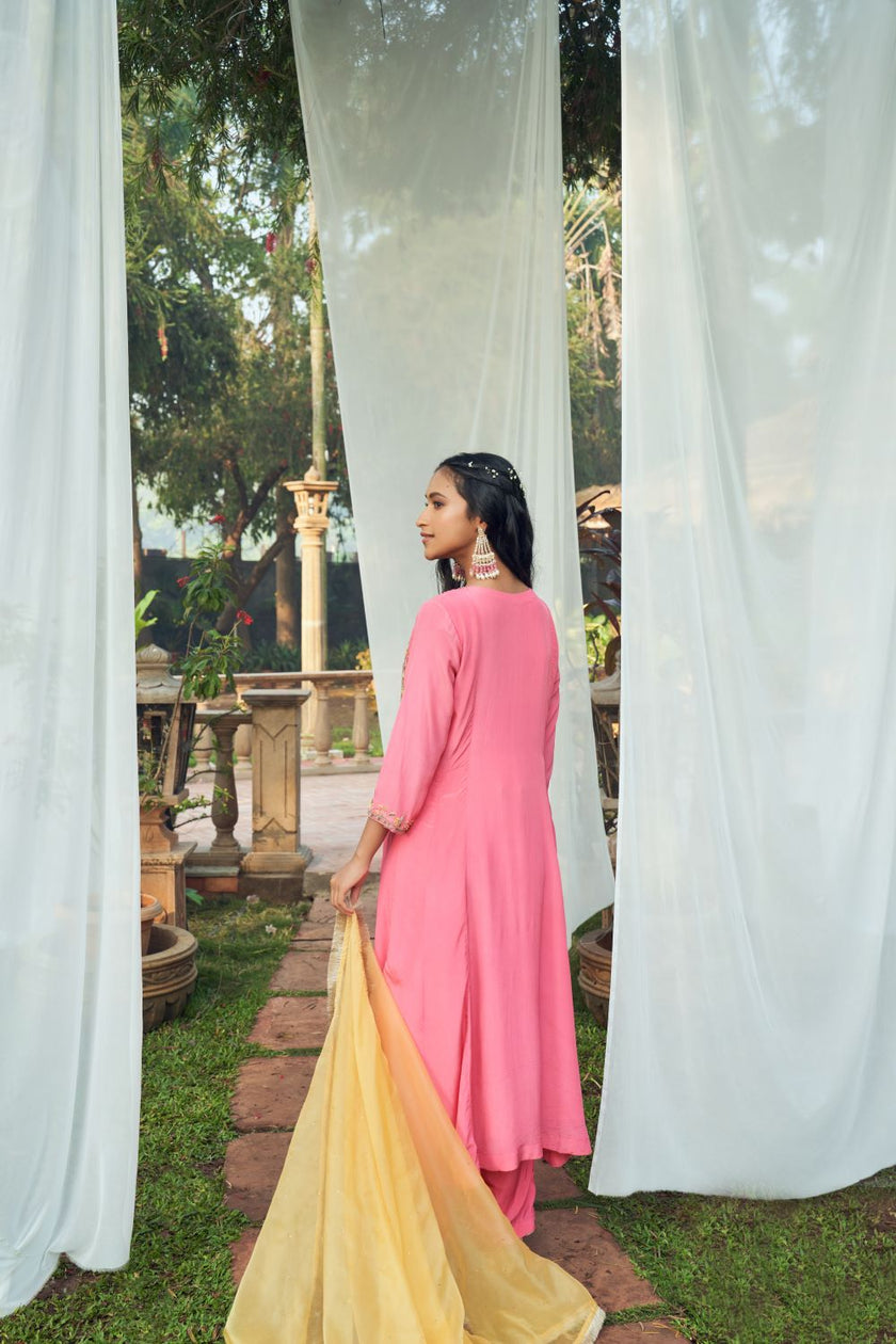 Pink hand embroidered Crepe Anarkali Set