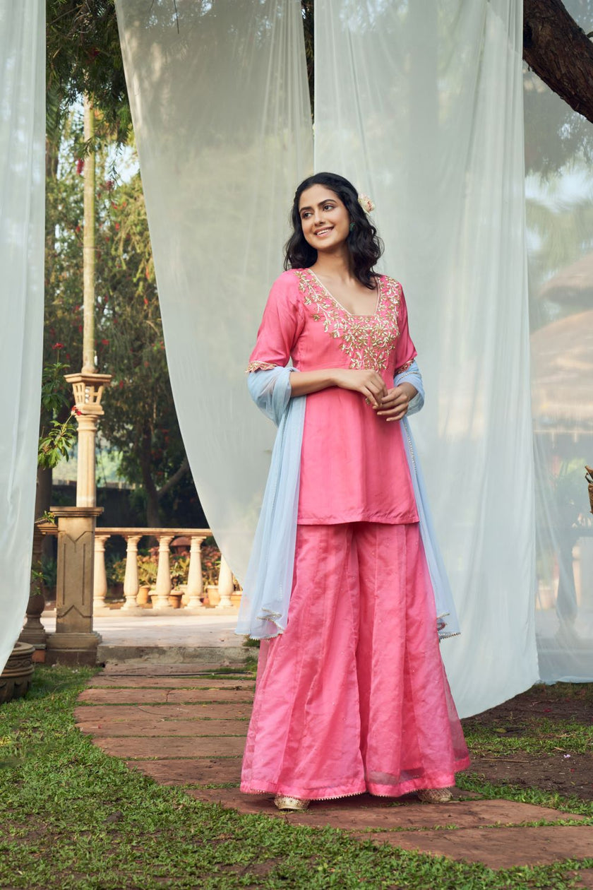 Pink Hand Embroidered Kurta Sharara SeT