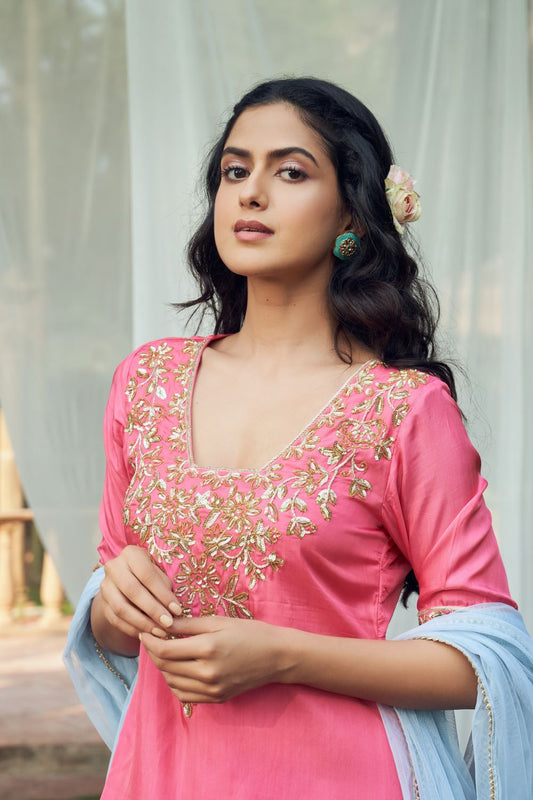 Pink Hand Embroidered Kurta Sharara SeT