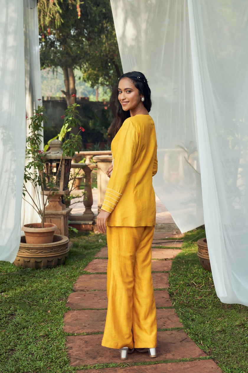 Yellow Silk Hand Embroidered Co-ord Set