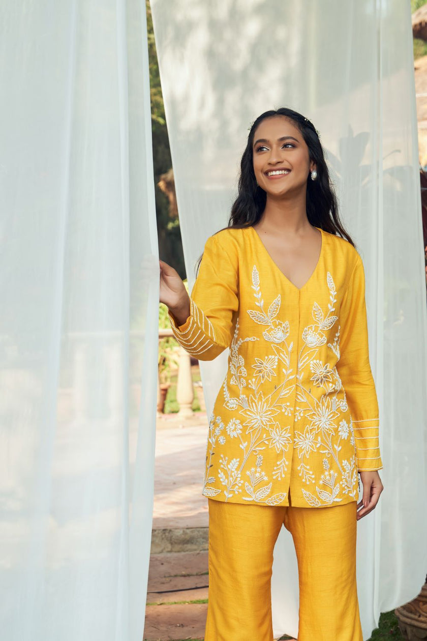 Yellow Silk Hand Embroidered Co-ord Set