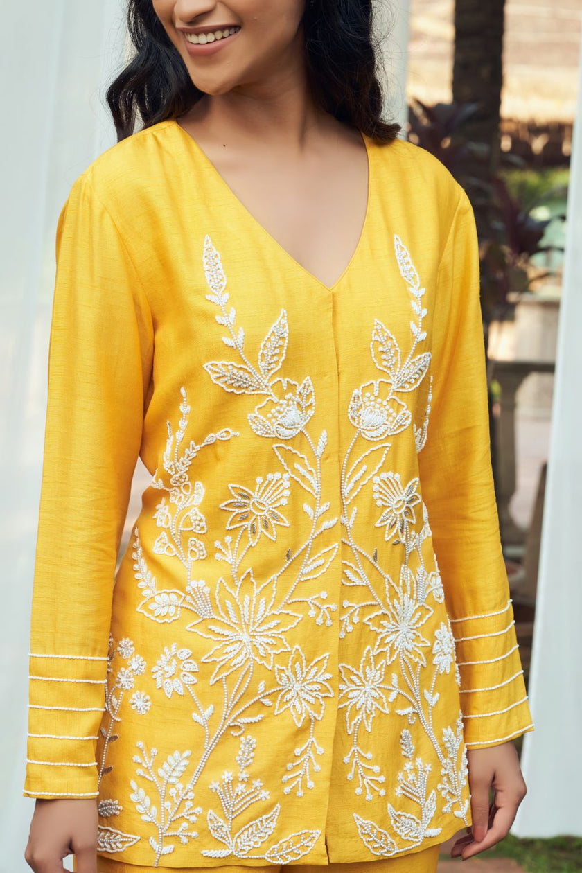 Yellow Silk Hand Embroidered Co-ord Set