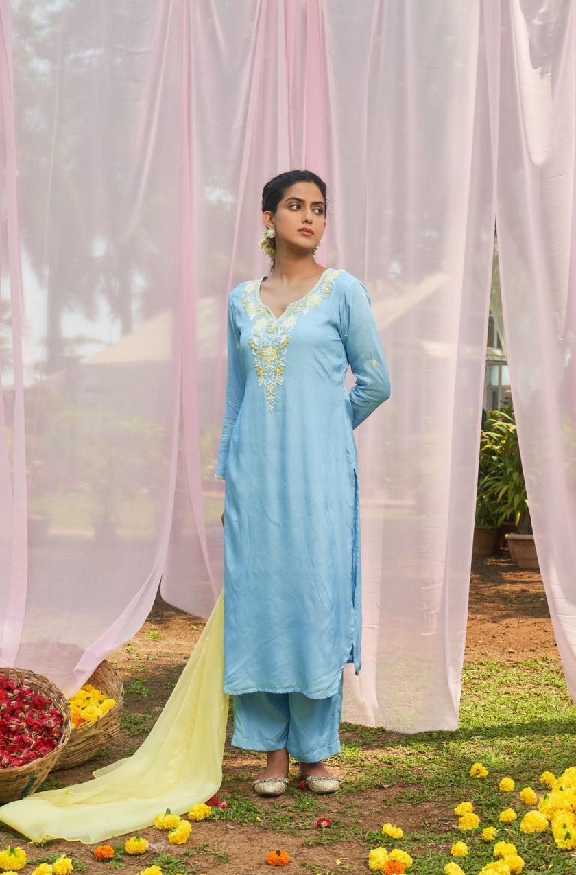 Ice Blue hand embroidered Silk Kurta set