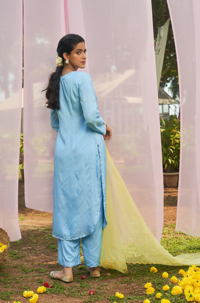 Ice Blue hand embroidered Silk Kurta set