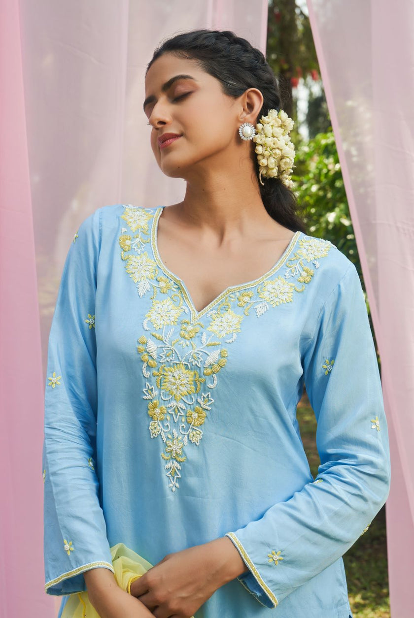 Ice Blue hand embroidered Silk Kurta set