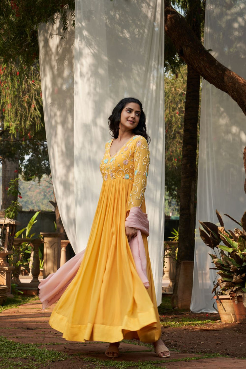 Yellow Hand Embroidered Georgette Anarkali  With Contrast Pink Dupatta Set