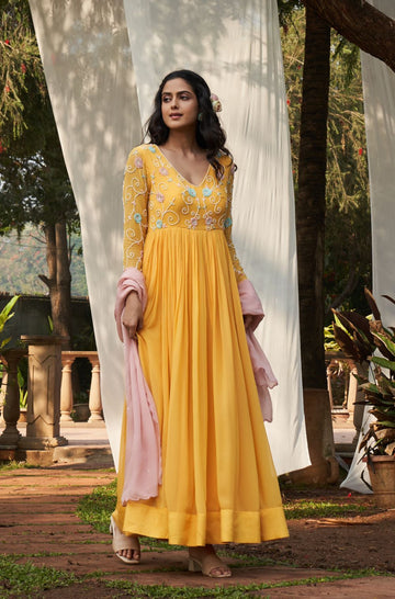 Yellow Hand Embroidered Georgette Anarkali  With Contrast Pink Dupatta Set