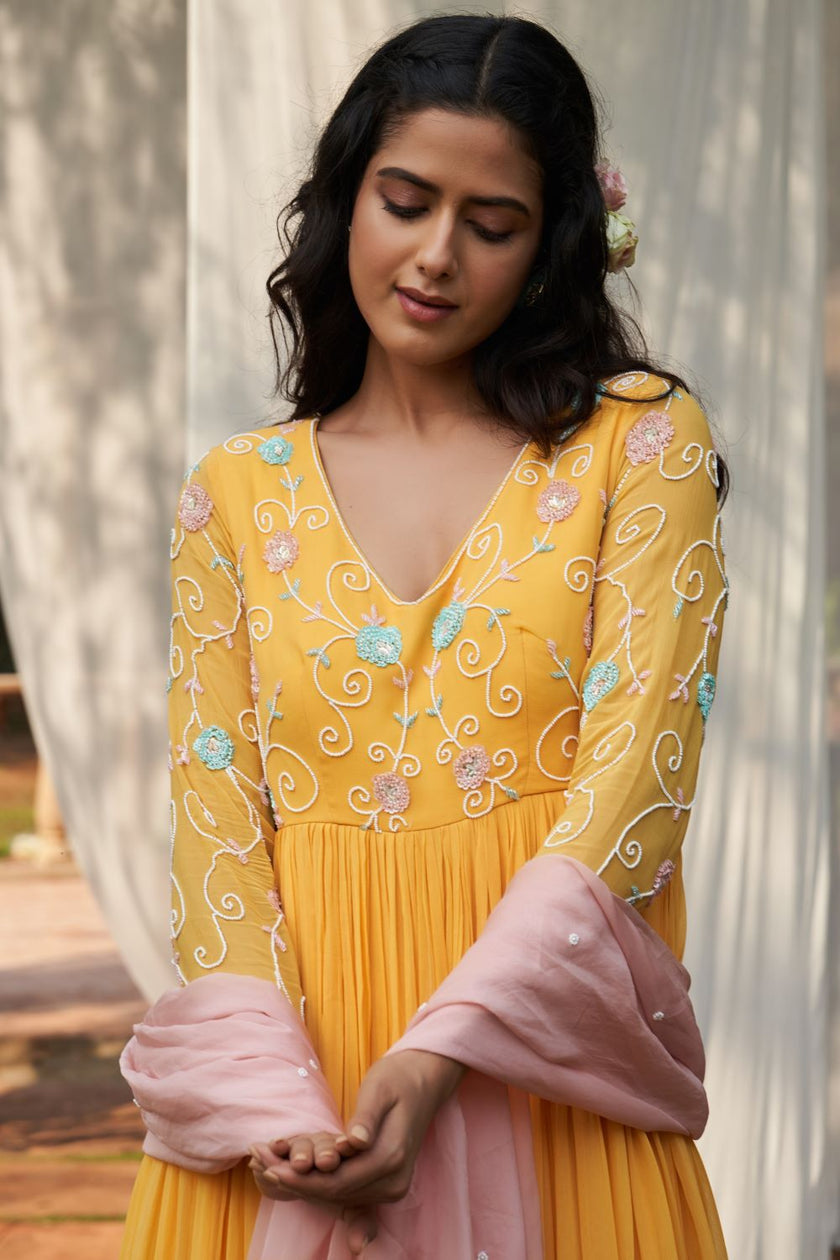 Yellow Hand Embroidered Georgette Anarkali  With Contrast Pink Dupatta Set