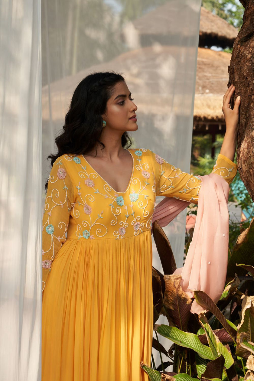 Yellow Hand Embroidered Georgette Anarkali  With Contrast Pink Dupatta Set