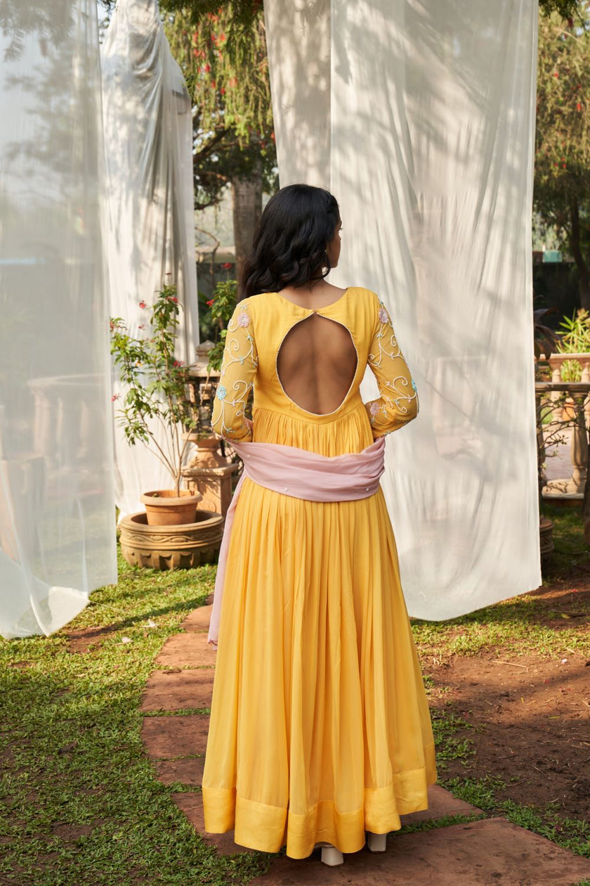 Yellow Hand Embroidered Georgette Anarkali  With Contrast Pink Dupatta Set